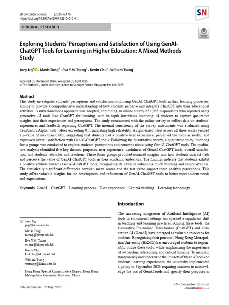 Exploring Students' Perceptions and Satisfaction of Using GenAI | PDF ...