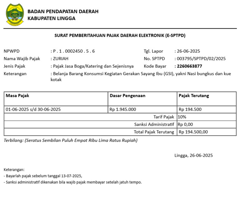 E-SPTPD Pajak Jasa Boga Lingga 2025 | PDF