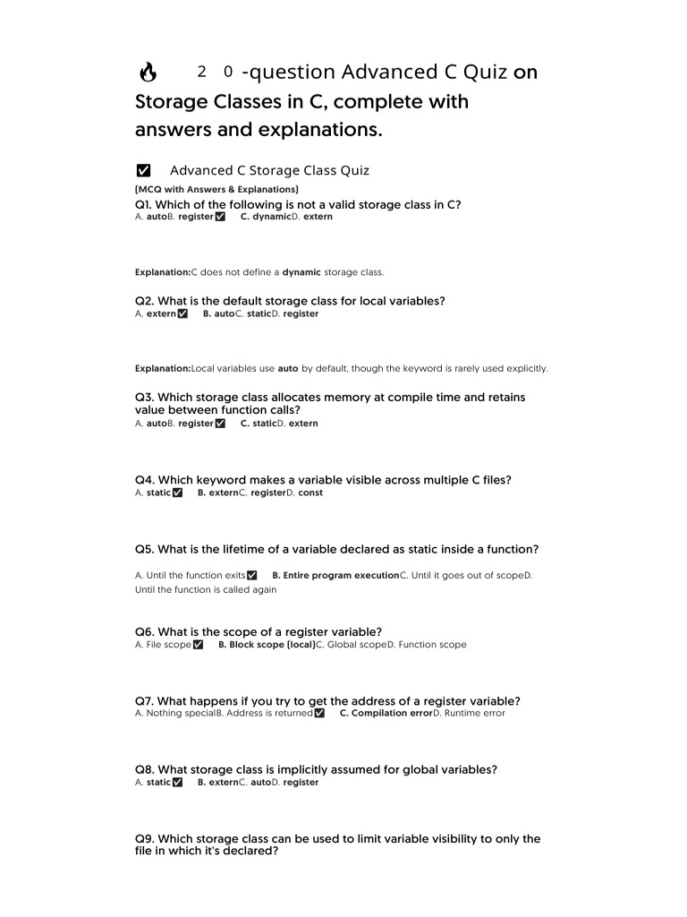 Invalid Storage Classes in C Quiz | PDF | Scope (Computer Science ...
