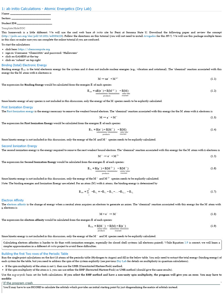 1 - Ab Initio Calculations - Atomic Energetics (Dry Lab) - Chemistry ...