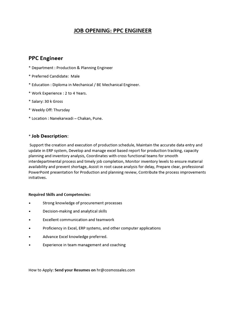 PPC Engineer Job Opening in Pune | PDF