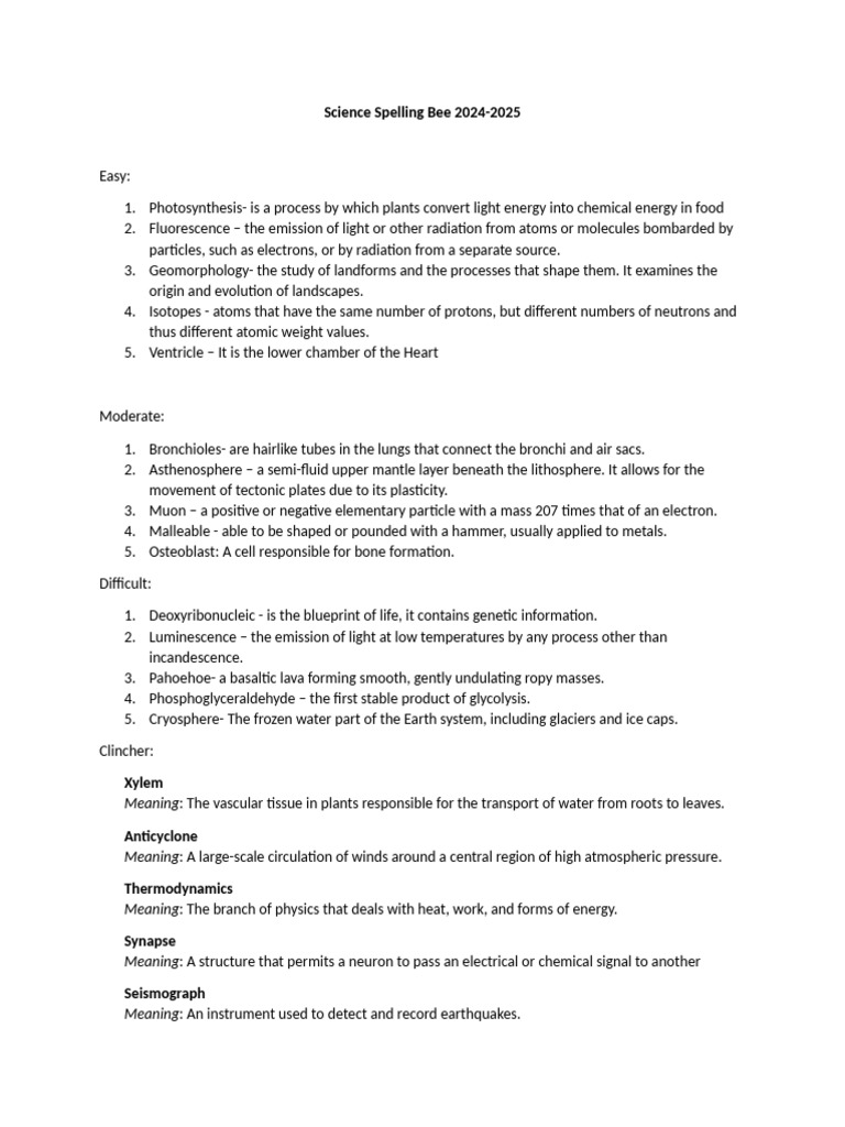 Science Spelling Bee Words 2024-2025 | PDF | Atoms | Radiation