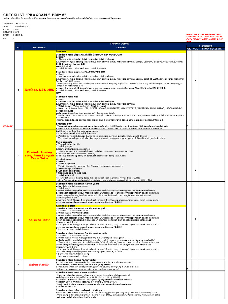 Checklist Program 5 Prima Toko 2025 | PDF