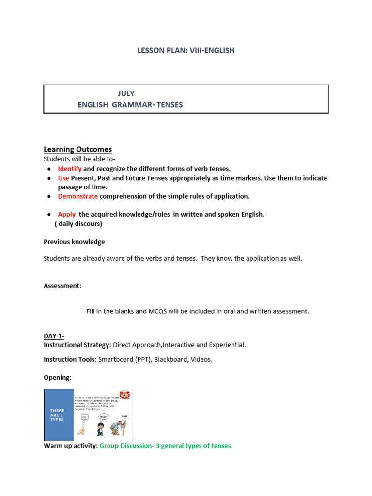 Lesson Plan - Tenses - VIII | PDF | Critical Thinking | Grammatical Tense