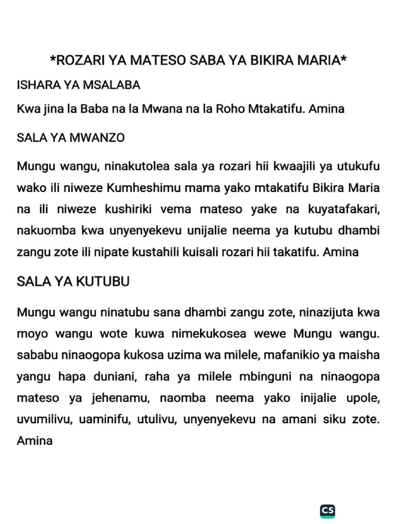 Rozari Ya Mateso Saba Ya Bikira Maria Mtukufu. | PDF