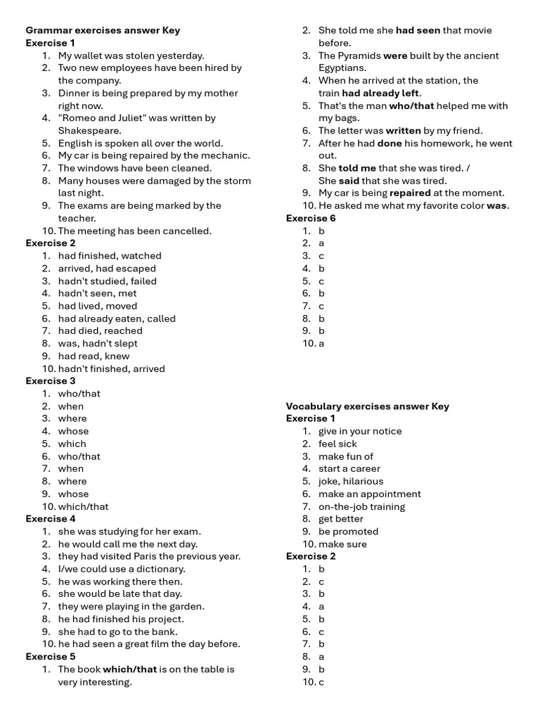 Grammar Exercises Answer Key | PDF