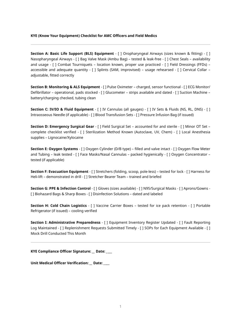 KYE Checklist for AMC Medics | PDF