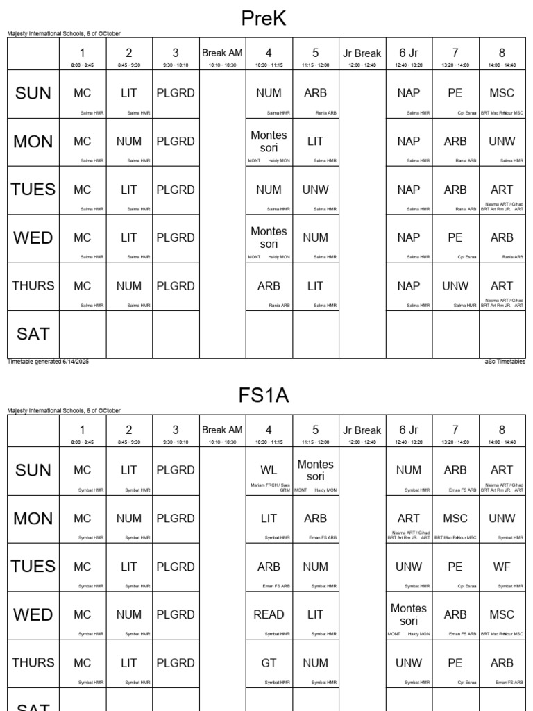 Majesty International Schools Timetable | PDF