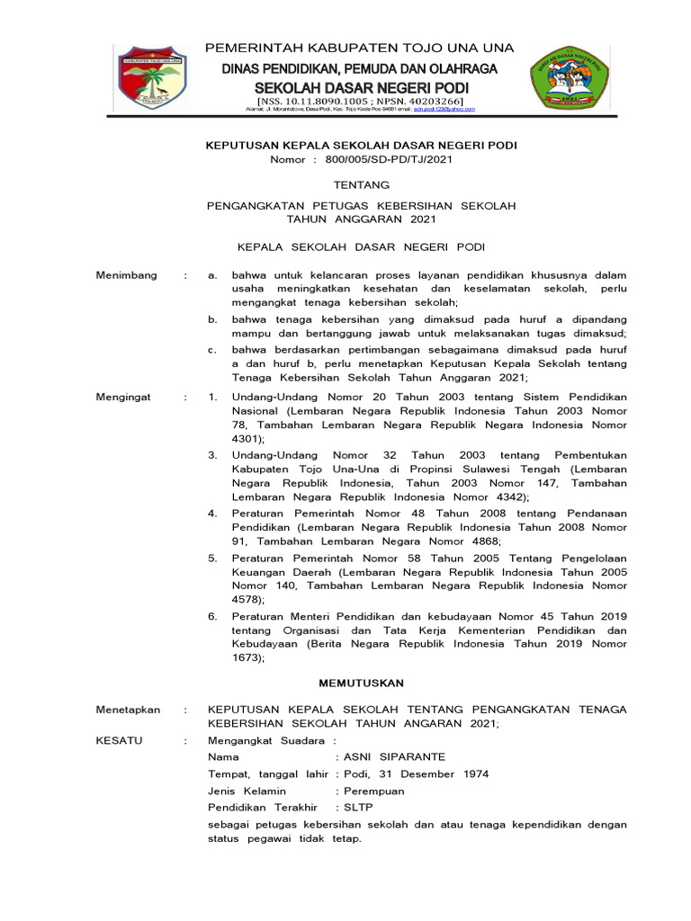 Pengangkatan Petugas Kebersihan SD Podi 2021 | PDF