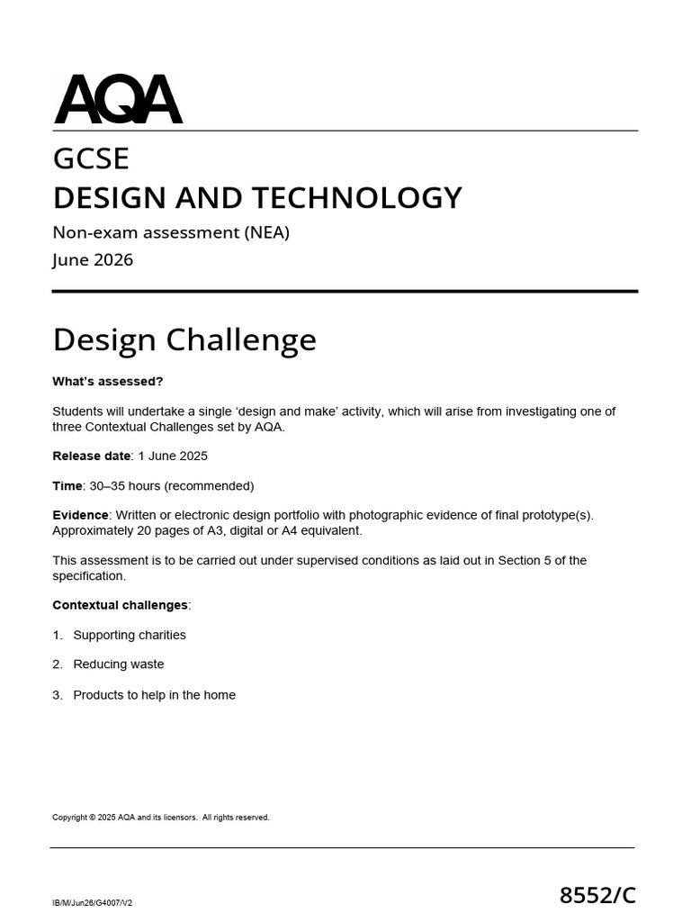 AQA Design & Technology NEA 2026 Challenges | PDF