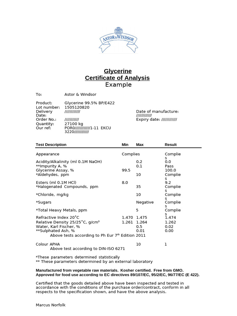 Coa Glycerine Cofa Certificate of Analysis | PDF | Chemistry | Chemical ...