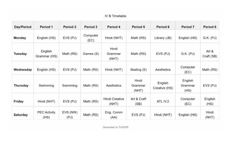 Class Timetable IV B | PDF