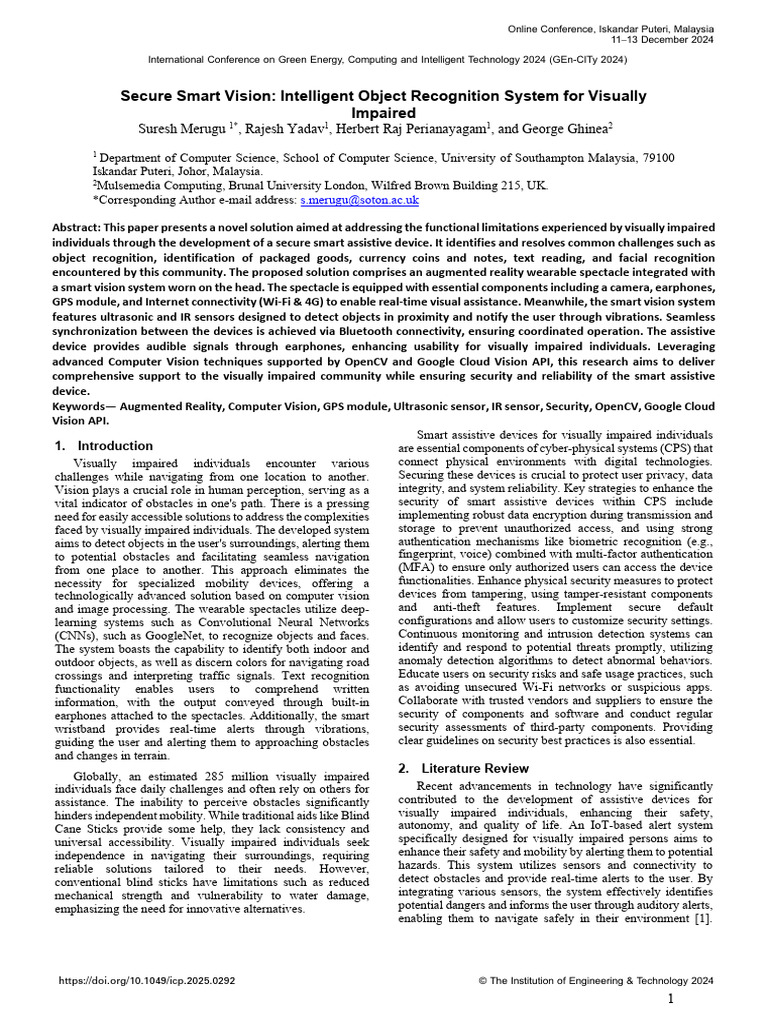 Smart Vision System for the Visually Impaired | PDF