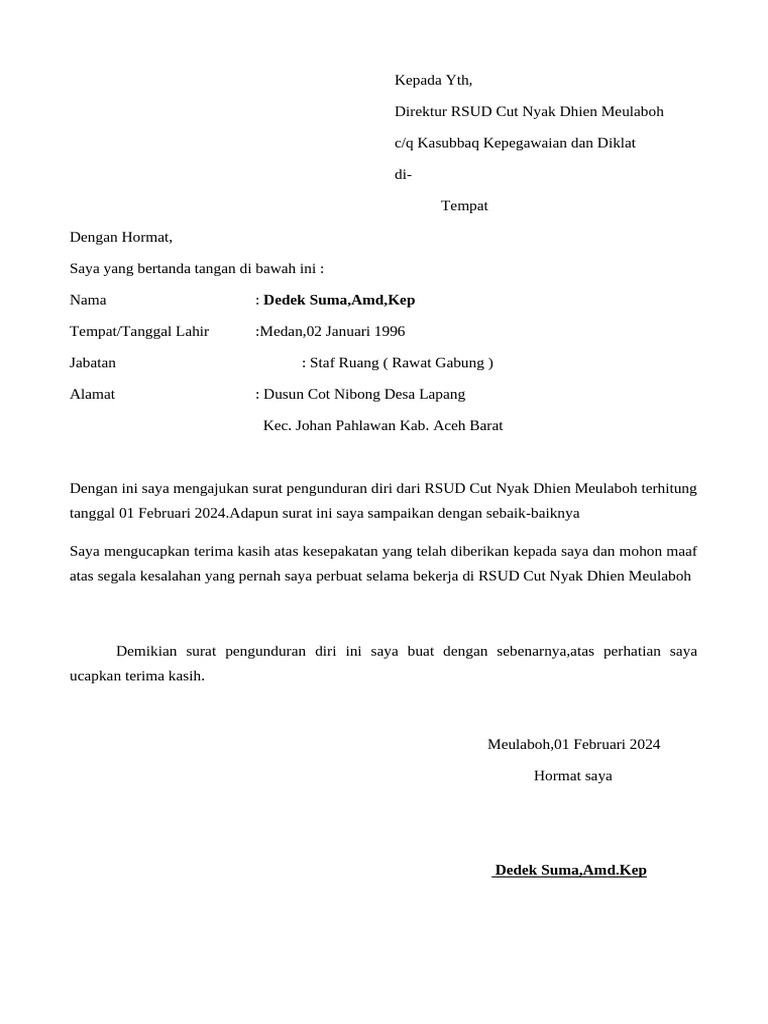 Surat Pengunduran Diri Dedek Suma | PDF