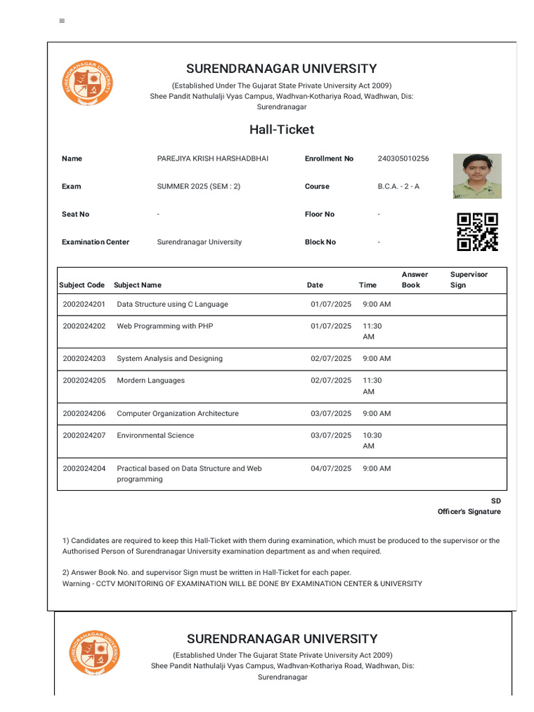 Surendranagar University Hall Ticket 2025 | PDF | Computer Programming ...