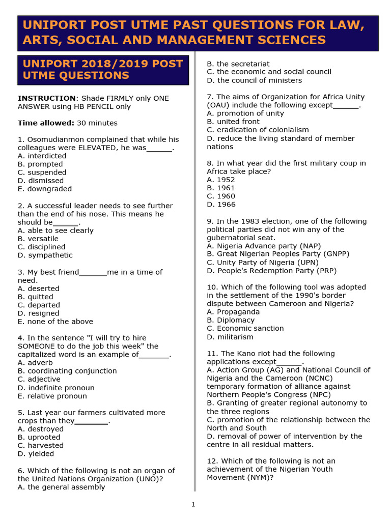 UNIPORT Post UTME Past Questions | PDF | Jesus | Taxes