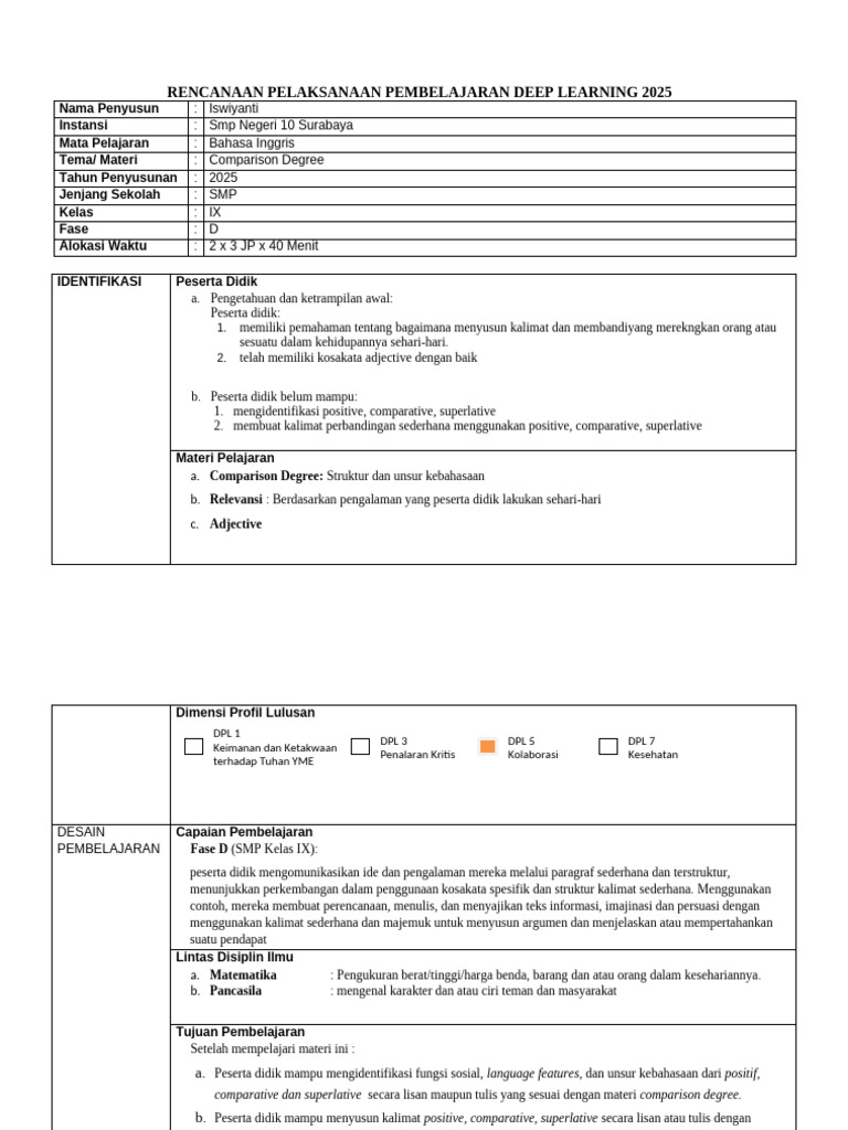 RPP Deep Learning Bahasa Inggris Kelas 9 | PDF