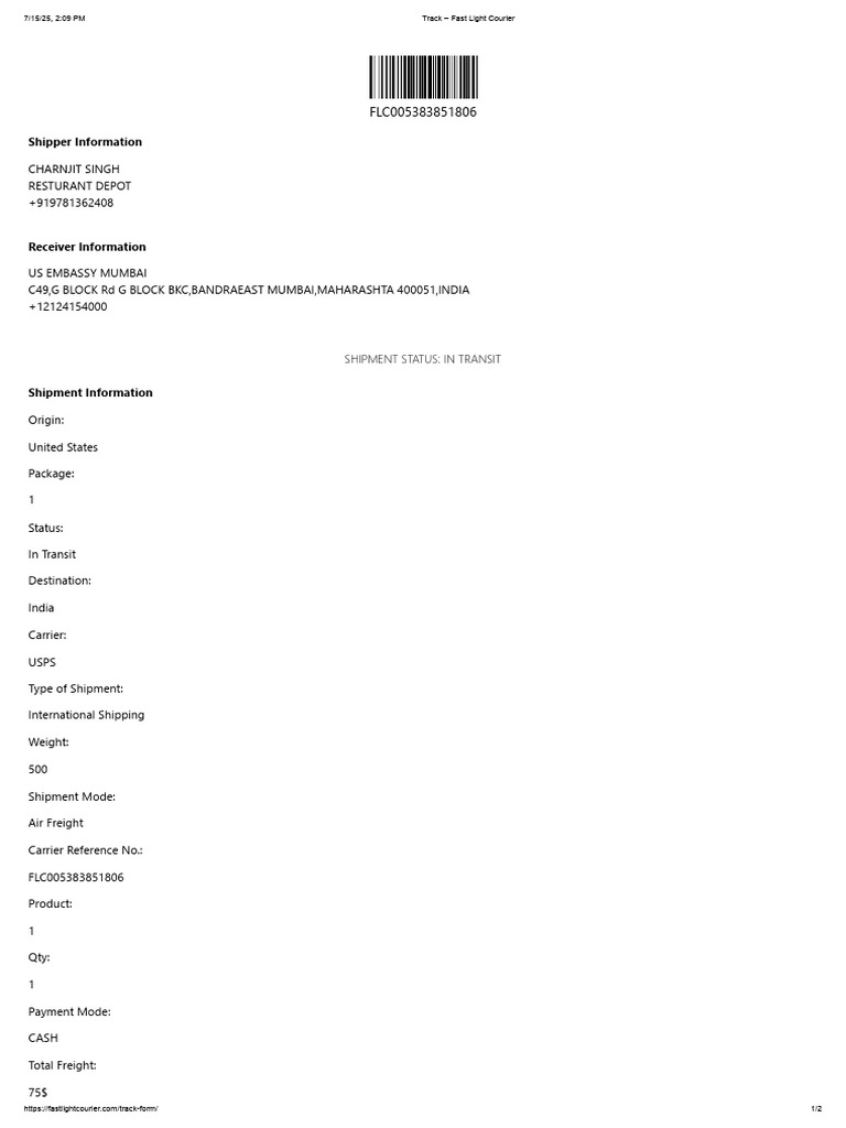 Shipper Information: Shipment Status: in Transit | PDF