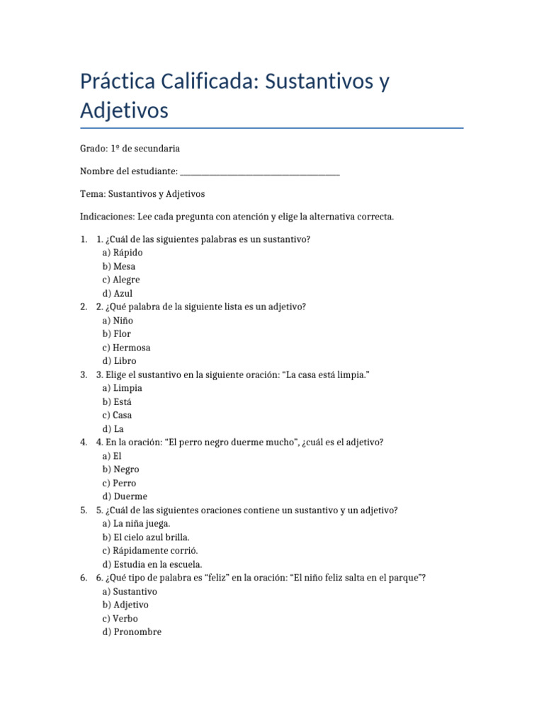Practica Sustantivos Adjetivos 1ro Secundaria | PDF