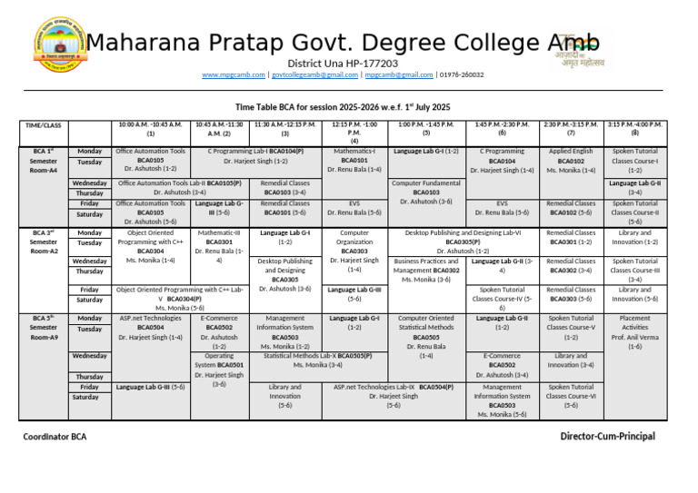 BCA Time Table 2025-2026 | PDF