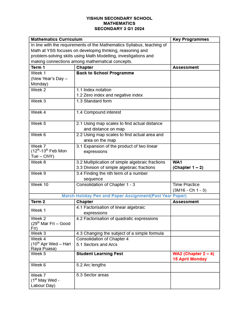 2024 Sec 3 G1 Math Content Outline | PDF | Mathematics | Mathematical ...