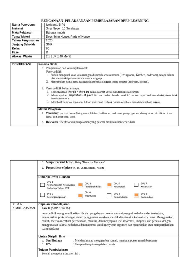 RPP Deep Learning Bahasa Inggris SMP | PDF