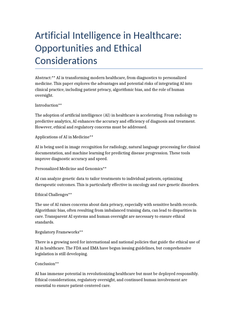 AI in Healthcare: Benefits and Ethics | PDF