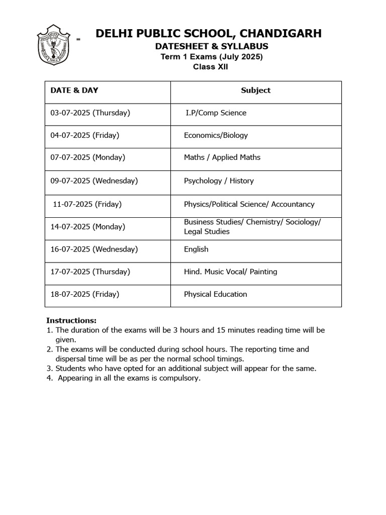 Datesheet & Syllabus Class XII July 2025 | PDF