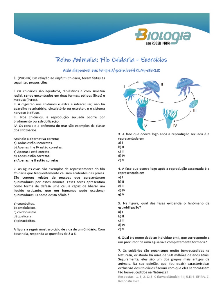 Exercícios sobre Cnidários | PDF | Zoologia | Biologia