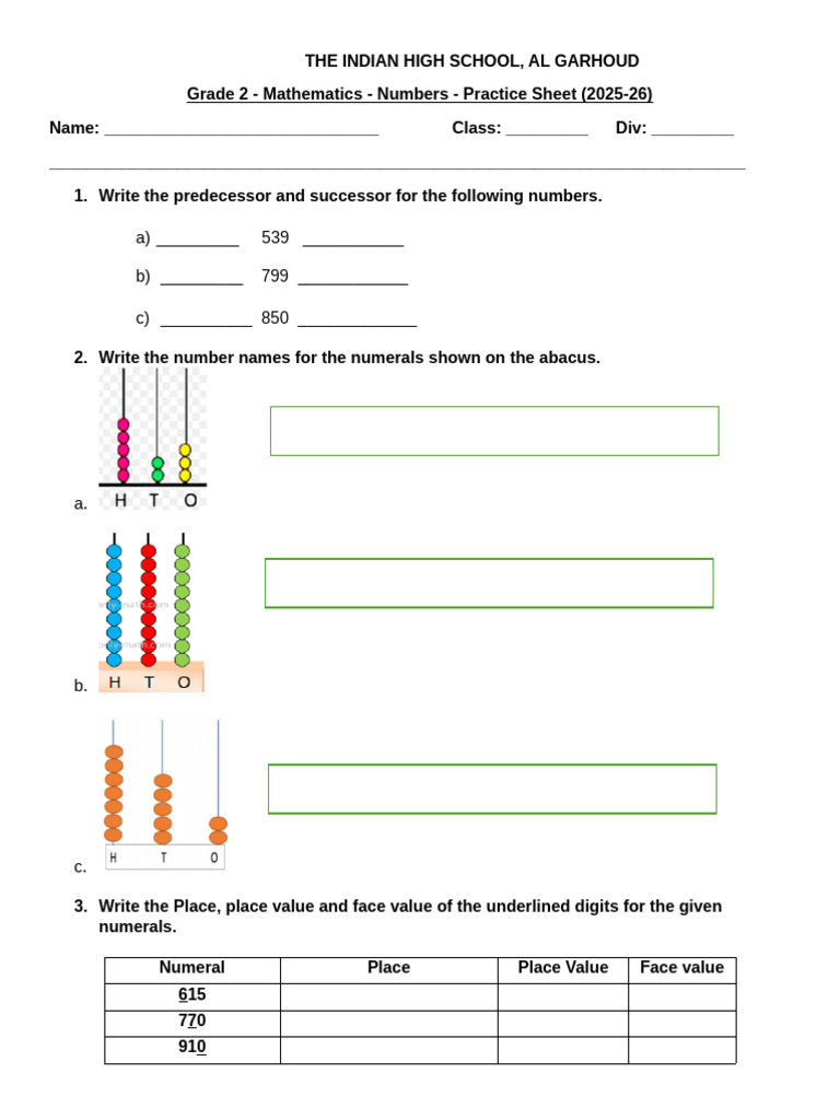 Grade 2 Numbers Practice Sheet | PDF