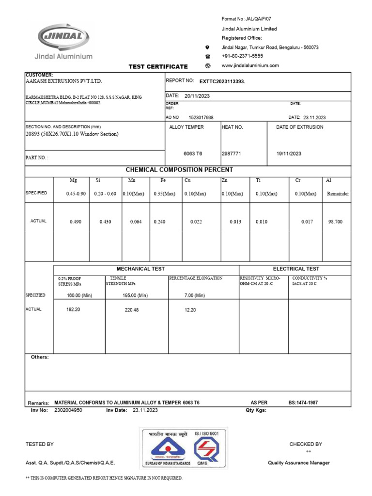 Jindal Aluminium Test Certificate 2023 | PDF | Chemical Elements ...
