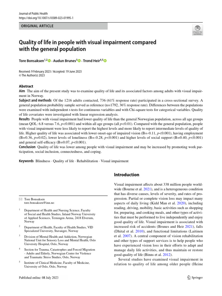 Quality of Life in People With Visual Impairment Compared With the ...
