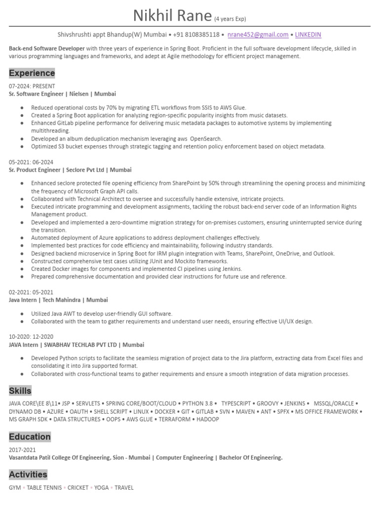Back-end Software Developer Profile | PDF | Java (Programming Language ...