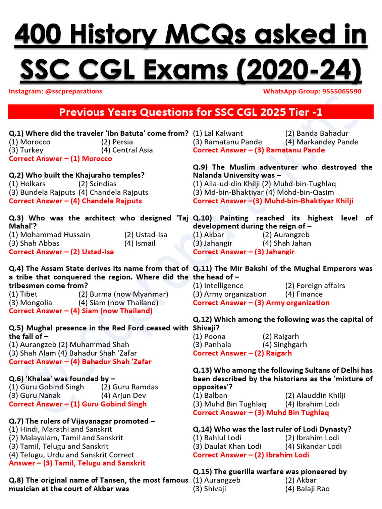 SSC CGL 2025 History MCQs with Answers | PDF | Mughal Empire | Indian ...