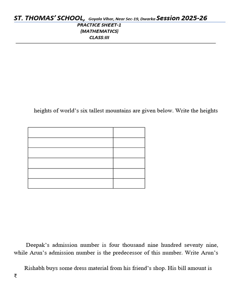 Class III Mathematics Practice Sheet | PDF
