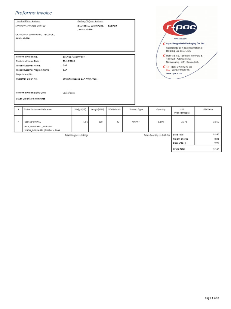 Confirm PI Weight B01 251007684 | PDF | Invoice