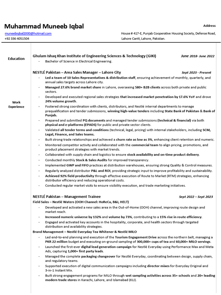 Muhammad Muneeb Iqbal Sales Manager CV PDF Energy Conservation