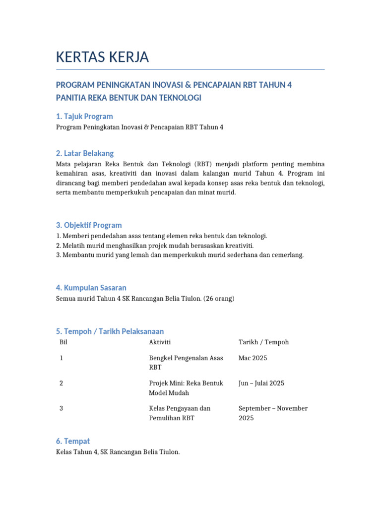 Kertas Kerja Program Peningkatan Inovasi RBT Tahun 4 | PDF