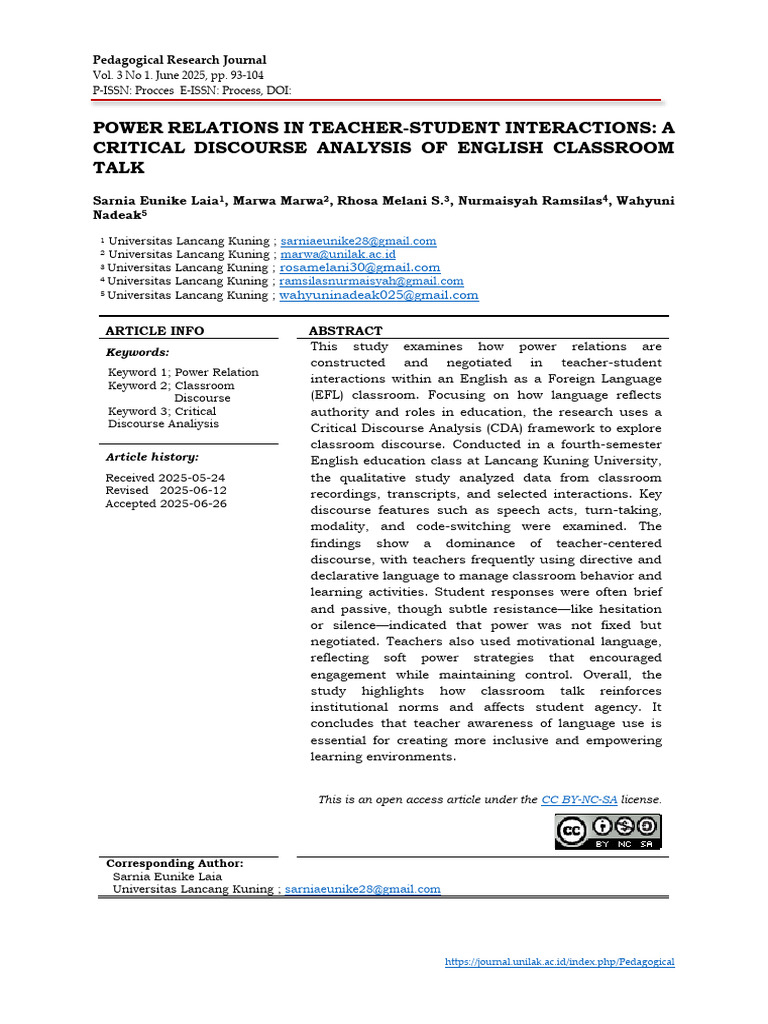 Power Dynamics in EFL Classroom Discourse | PDF | Learning | Pedagogy