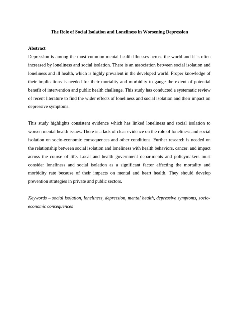 The Role of Social Isolation and Loneliness in Worsening Depression ...