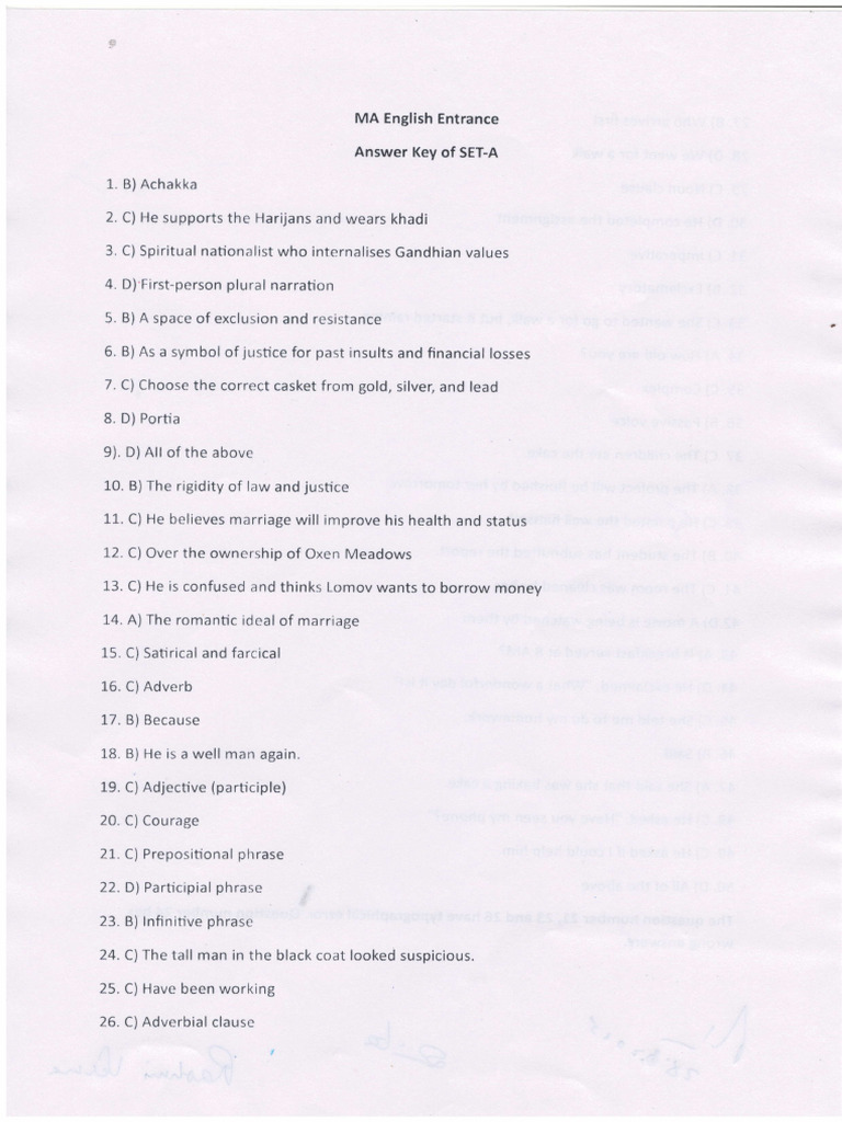 MA English Entrance Answer Key | PDF | Syntax | Linguistics