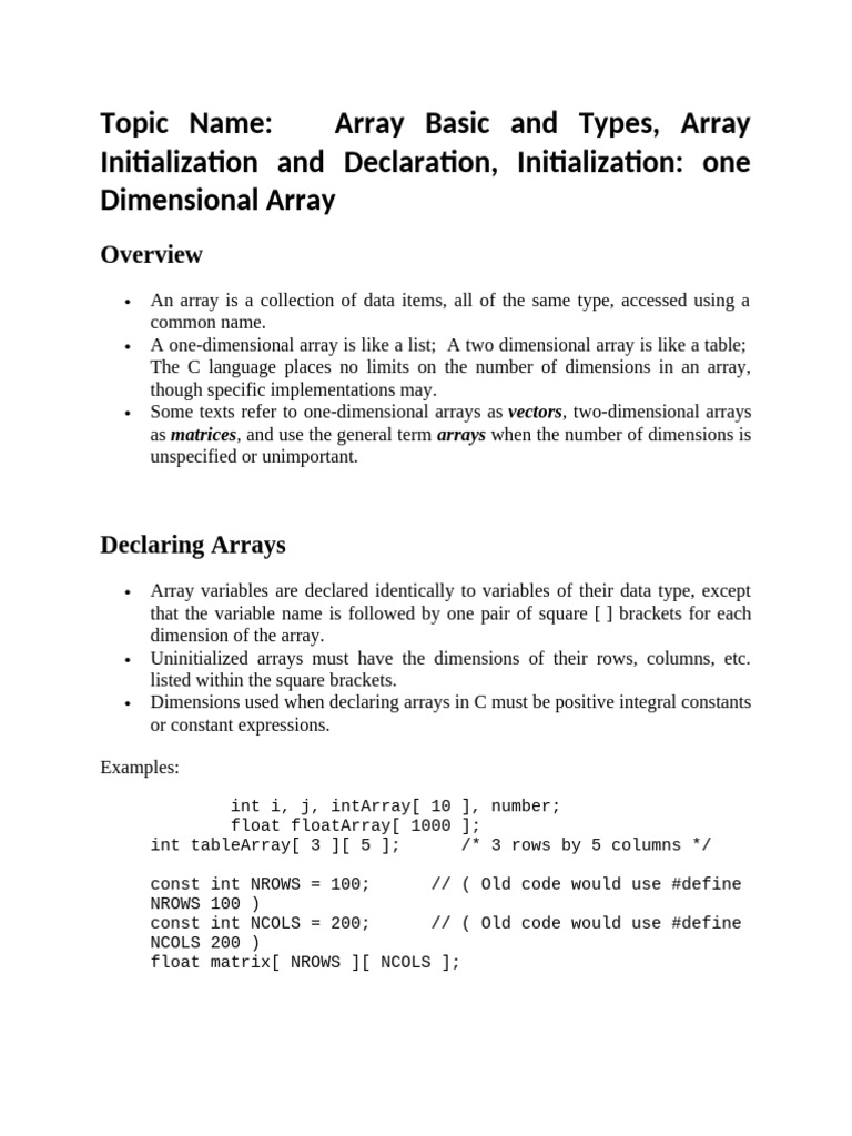 One-Dimensional Array Initialization | PDF | Integer (Computer Science ...