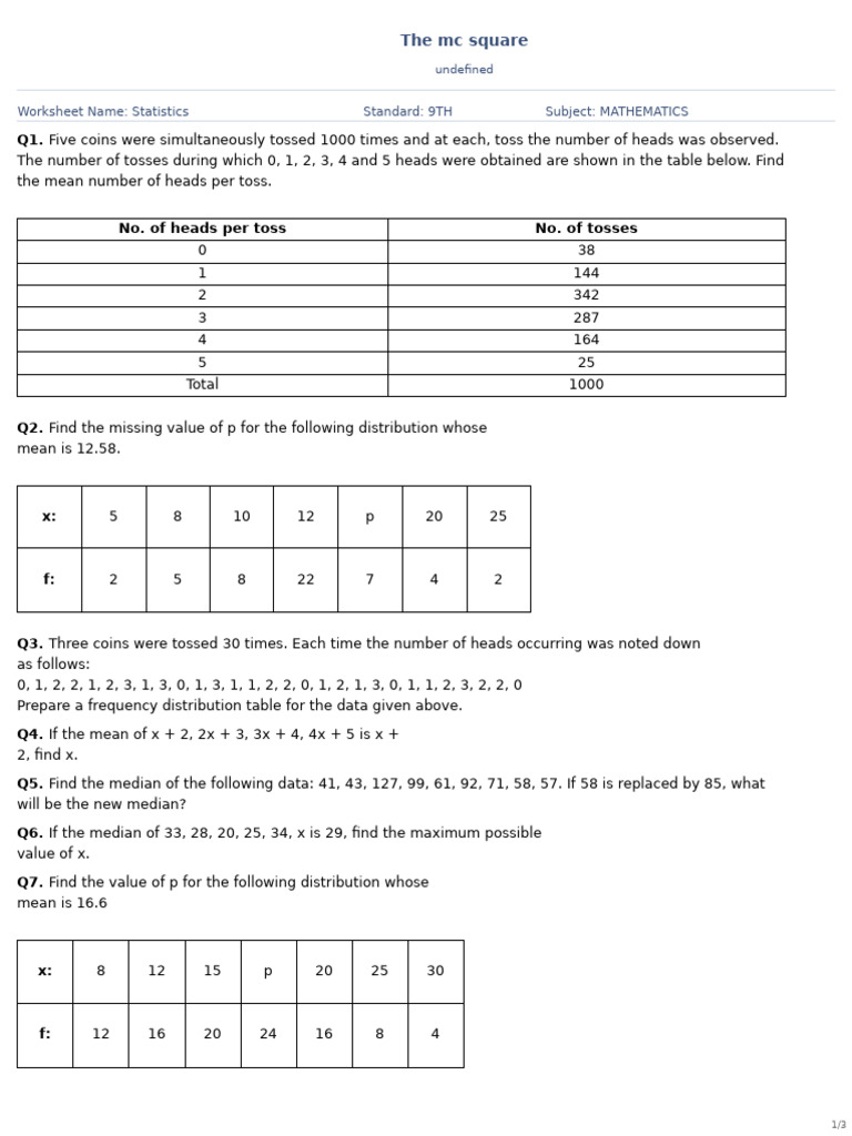 Statistics Practice Problems Worksheet | PDF