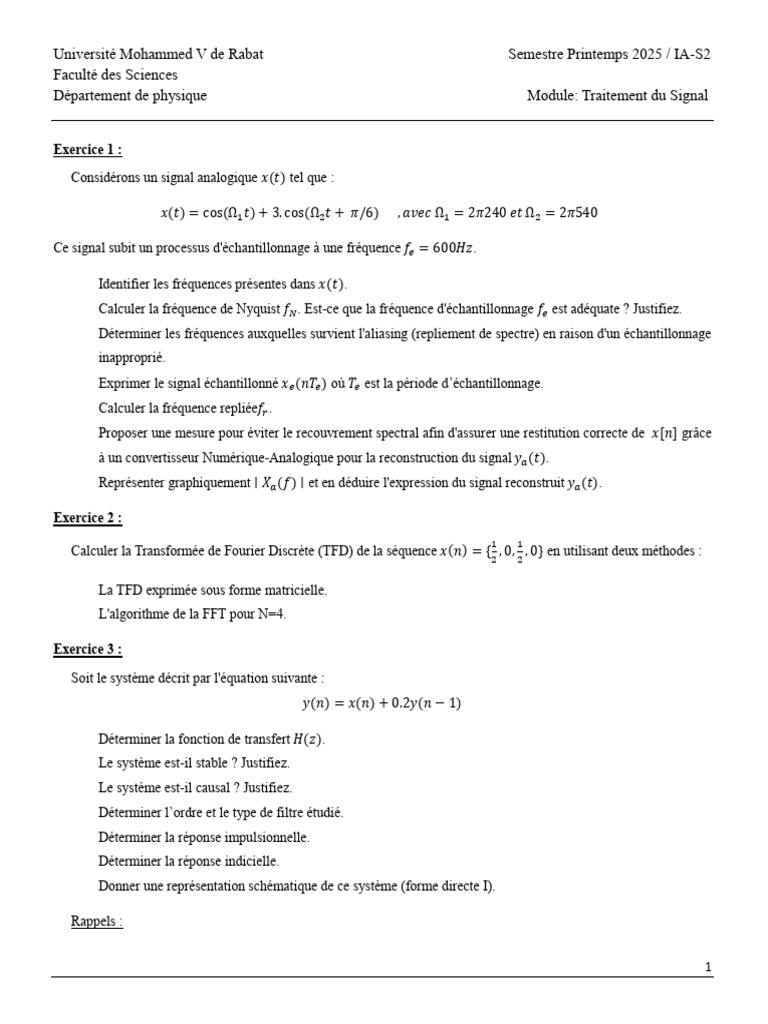 Traitement du Signal : Exercices et Solutions | PDF | Transformation de ...