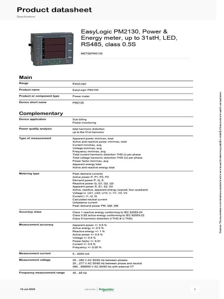EasyLogic PM2130 Power Meter Datasheet | PDF | Alternating Current ...