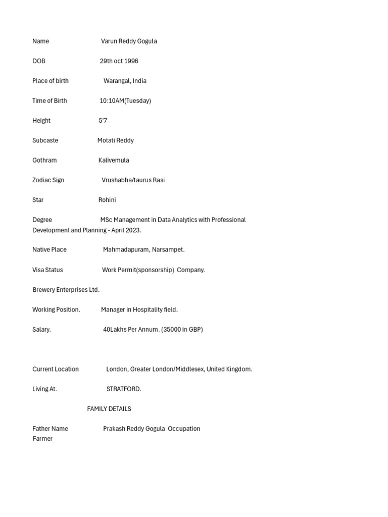 Varun Reddy Biodata | PDF