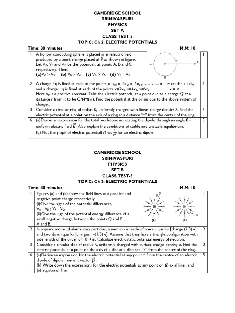 Ch-2 Physics Class Test-XII | PDF | Potential Energy | Physics