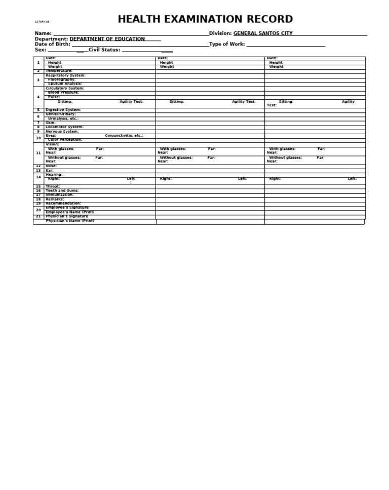 CS Form 86: Health Examination Record | PDF