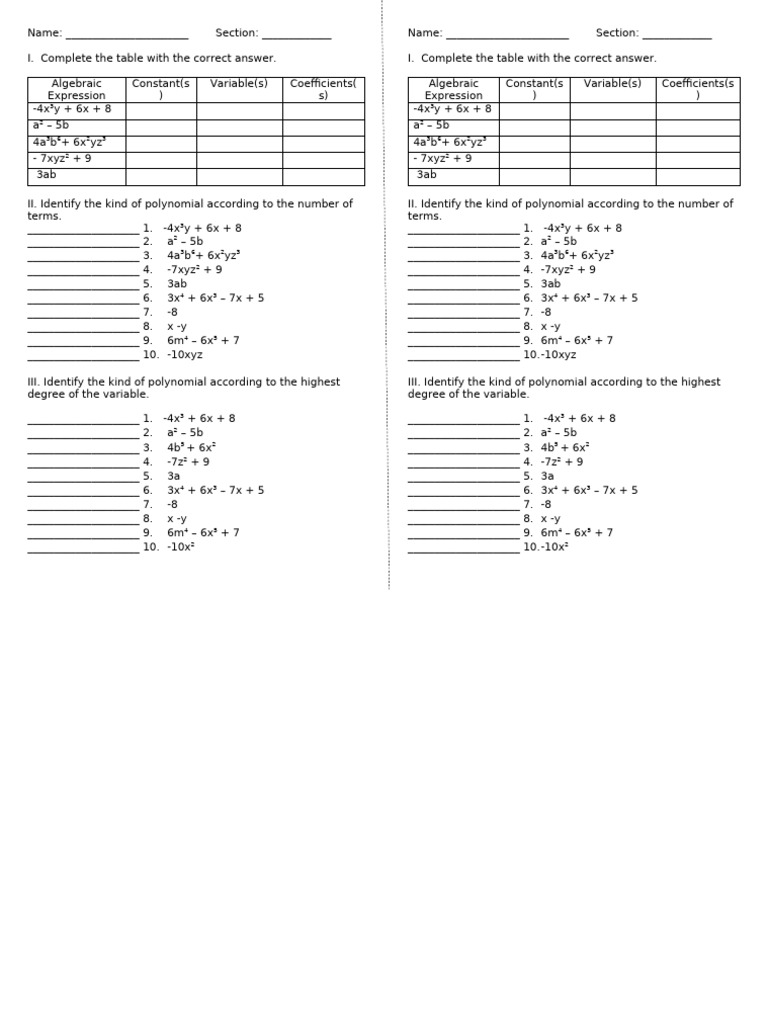 Algebraic Expressions and Polynomials Guide | PDF | Mathematical ...
