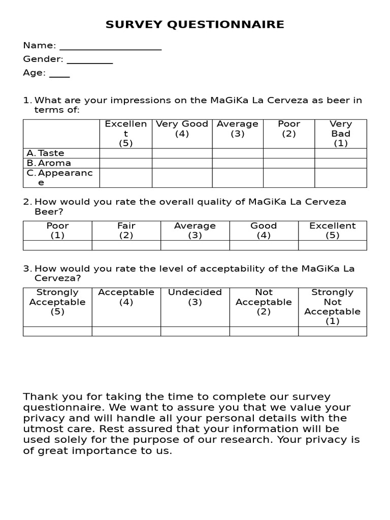 MaGiKa La Cerveza Survey Questionnaire | PDF